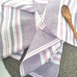 Line Tea towels - set of 2, Natural linen, purple Striped Linen kitchen towels with loop, Thick linen hand towels, Rustic Hand Towel