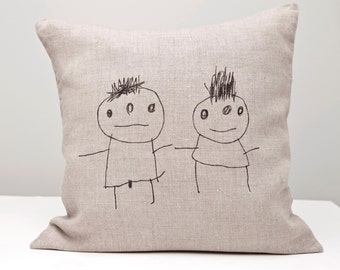 Linen pillow. Kids pillow. Hand  printed  on natural linen,  boy and girl, children, decorative Cushion , hand printed pillow cushion cover