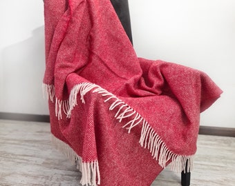 Red throw blanket, Wool blanket for  bed. Gift for mom. Throws for sofa. Sofa throws. Plaid wool blanket.