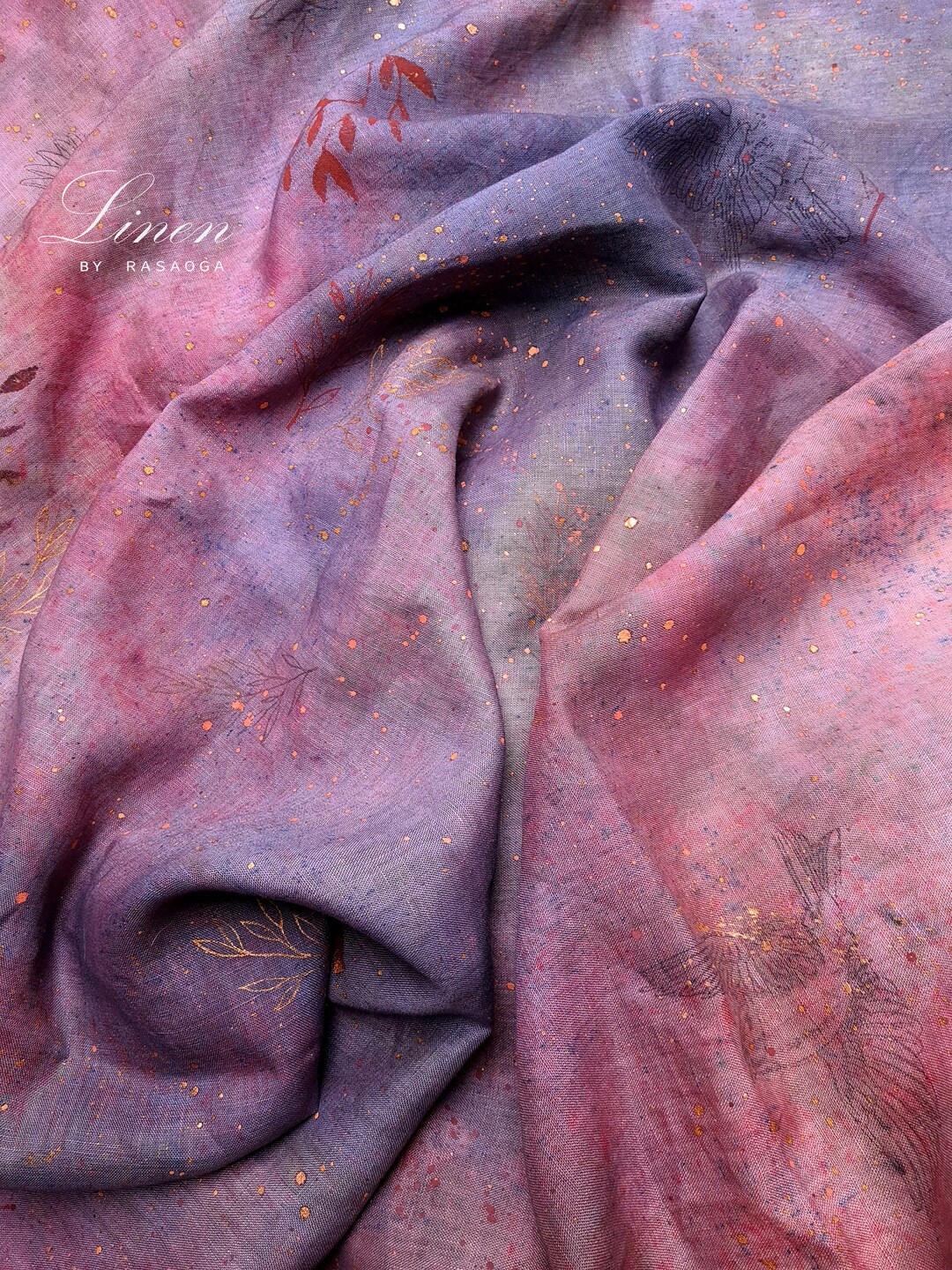 Tie Dye Linen Fabric. Unique Fabric. Red Lilac Blue Linen Fabric. Hand