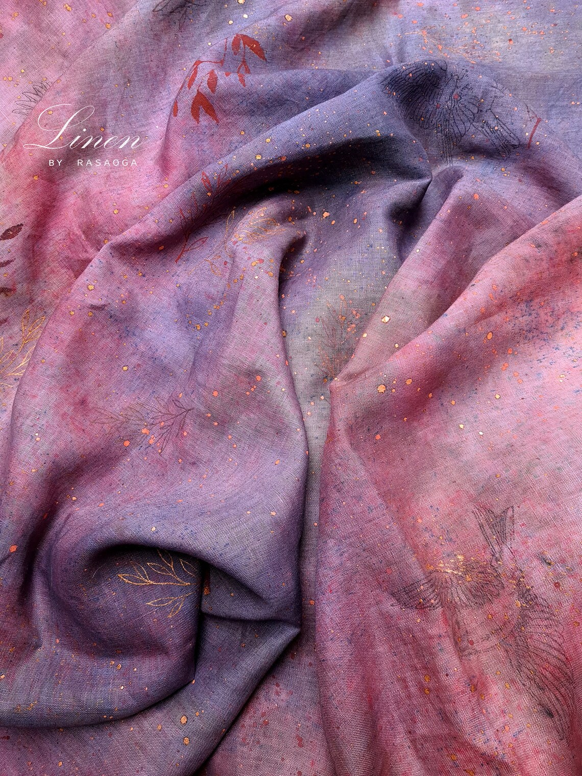 Tie dye linen fabric. Unique fabric. Red lilac blue linen Etsy