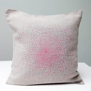 Pillow. Cushion. Linen Hand printed neon pink and white points circle on natural grey linen fabric handmade pillow cushion cover image 1