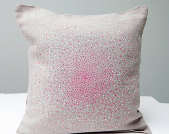 Pillow. Cushion. Linen Hand printed  neon pink and white points circle  on natural grey linen fabric - handmade pillow cushion cover