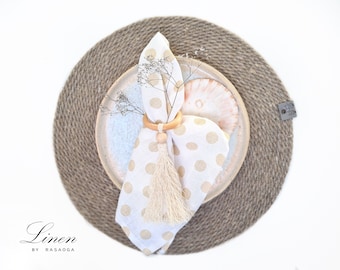 Beige polka dots napkins,  Washed soft white linen table napkin. Natural  linen napkin set .