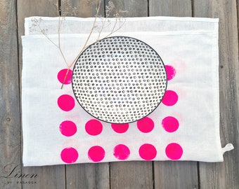 Dish towel neon yellow . Linen white tea towels /  neon color dots /   towels  /  Neon Pink and Yellow Green print Linen Tea Towels.