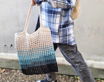 Crochet tote bag ,Natural, blue  Market Net Tote, Cotton Mesh Shopping Bag, Beach Bag, Summer Tote Bag, Net Shoulder Bag, Boho tote bag