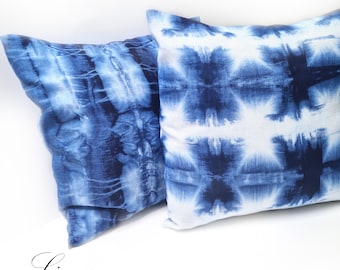 Housse d'oreiller indigo, coussin shibori en lin tie and dye, - teint naturel à la main, parure de canapé oreiller indigo