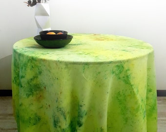 Neon yellow tie dye linen tablecloth, rectangle tablecloth   , size 78x58 inch ,  Handmade tablecloth,  Original artwork.