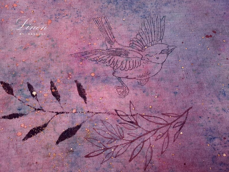Tie Dye Linen Fabric. Unique Fabric. Red Lilac Blue Linen Fabric. Hand Paint Linen Fabric