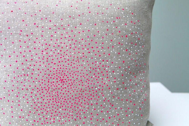 Pillow. Cushion. Linen Hand printed neon pink and white points circle on natural grey linen fabric handmade pillow cushion cover image 3