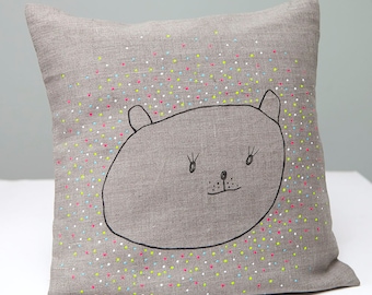 Linen Cushion ,  Bear handmade pillow  cover, kids cushion, Nursery pillow