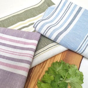 French style linen towels - set of 3, Olive green, blue Striped Linen kitchen towels with loop, dischtowels, Rustic linen tea towels