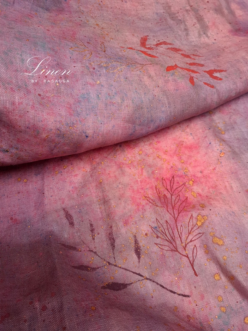 Tie dye linen fabric. Unique fabric. Red lilac blue linen Etsy