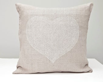 Pillow cushion . Linen pillow cover . Heart decorative pillow. Linen gift for her,  hand printed pillow cushion , linen cover