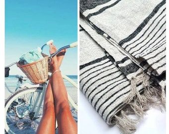 Linen  blanket  linen towel, Coastal linen summer  blanket ,  Striped linen towel,  Vintage linen beach towel, Picnic plaid, Raw blanket