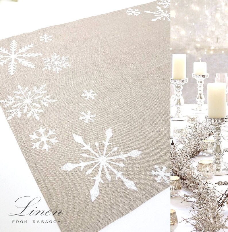 Winter Place mats. Linen place mats. Modern Christmas Hand print white snowflakes on natural linen ,table linens, Handmade. image 4