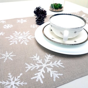 Winter Place mats. Linen place mats. Modern Christmas Hand print white snowflakes on natural linen ,table linens, Handmade. image 5