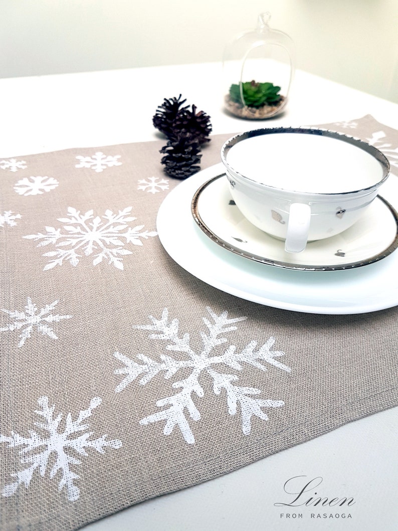 Winter Place mats. Linen place mats. Modern Christmas Hand print white snowflakes on natural linen ,table linens, Handmade. image 5