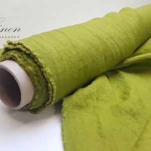 Green linen fabric by the yard for apparel, dressmaking. Flax linen fabric is known for its natural, soft texture, perfect for home textiles