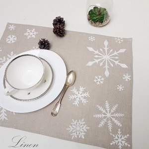 Winter Place mats. Linen place mats. Modern Christmas Hand print white snowflakes on natural linen ,table linens, Handmade. image 3