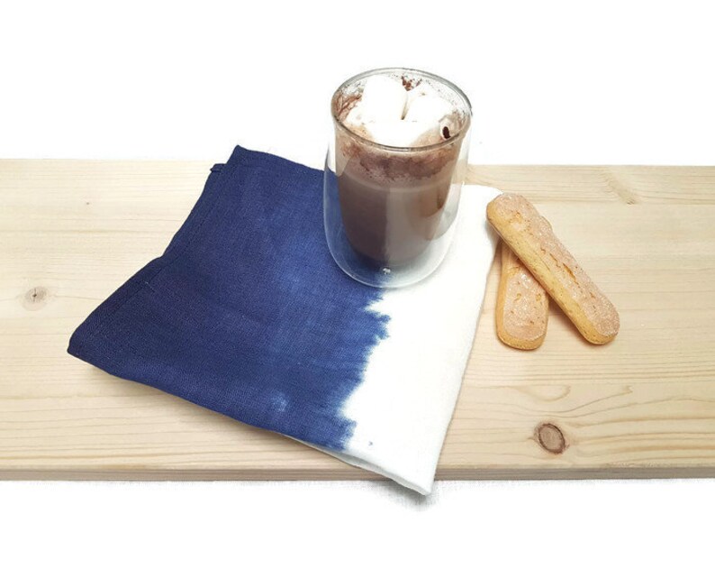 Natural linen napkin / Hand dyed ink blue Modern Dinner Napkins/ white natural linen image 2