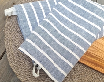 Torchon en lin rayé bleu, torchon fait main ferme côtière