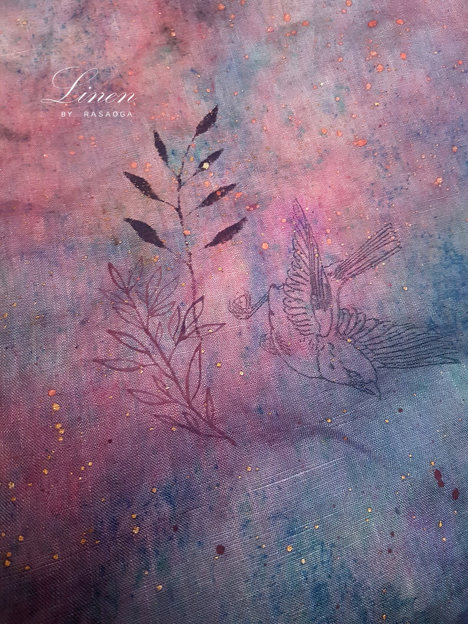 Tie Dye Linen Fabric. Unique Fabric. Red Lilac Blue Linen Fabric. Hand Paint Linen Fabric