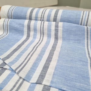Blau gestreifter Leinenstoff, Natürlicher Vintage-Leinenstoff, Leinen - Stoff Meterware, Meter, Nähstoff