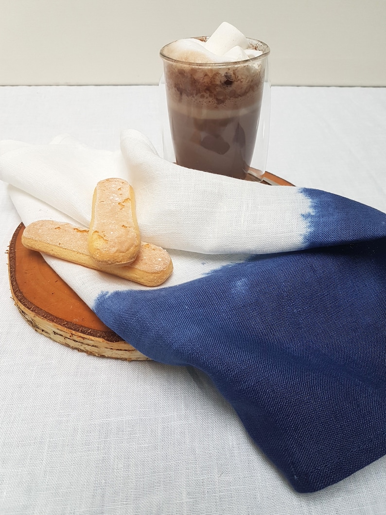 Natural linen napkin / Hand dyed ink blue Modern Dinner Napkins/ white natural linen image 4