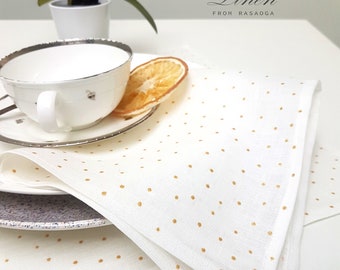 White linen Napkins with gold .  Linen cloth  dinner napkins.  Tablecloth with gold. Wedding napkins, Elegant serviettes