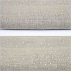 Linen remnants, fabric scraps. Linen fabric with gold. Gray color 100% Natural Linen Fabric ( flax) with gold dots.