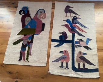 Set of Vintage 100% Wool Ecuador Wall Folk Art Tapestry Rugs Birds Tree Mauve Mid Century FREE SHIPPING In US