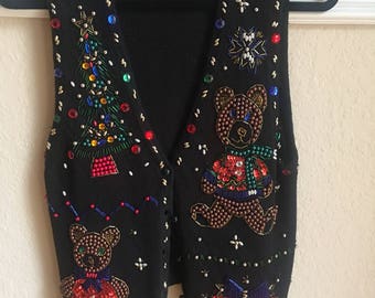 Yarnworks Christmas Vest Holiday Costume Winter Bear Teacher Librarian Knit Sweater Vest Ugly Sweater Size Small Black Embellished Sequins