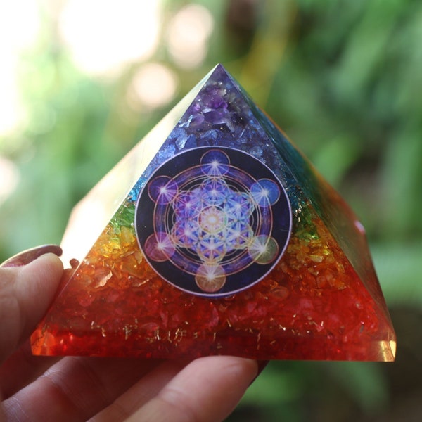 Chakra Rainbow Layered Onyx Orgone Pyramid XL 75mm for EMF and 5G Protection