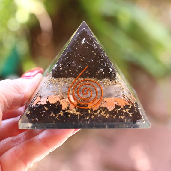 Black Tourmaline & Selenite Orgone Pyramid 75mm EMF 5G Energy Healing Protection