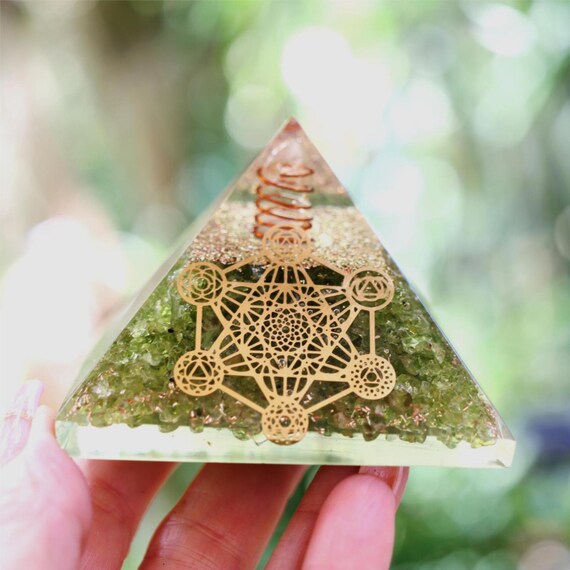 Peridot Orgone Pyramid Metatron Cube 75mm EMF and 5G Protection Orgonite Energy
