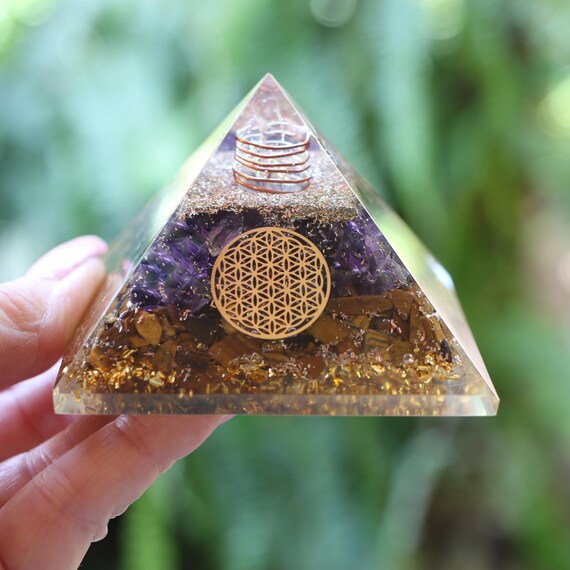 Amethyst and Tiger Eye Orgone Pyramid 75mm EMF 5G Energy Healing and Protection