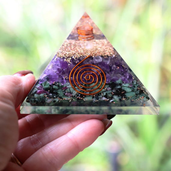 Ruby Zoisite & Amethyst Orgone Pyramid XL 3in EMF 5G Protection