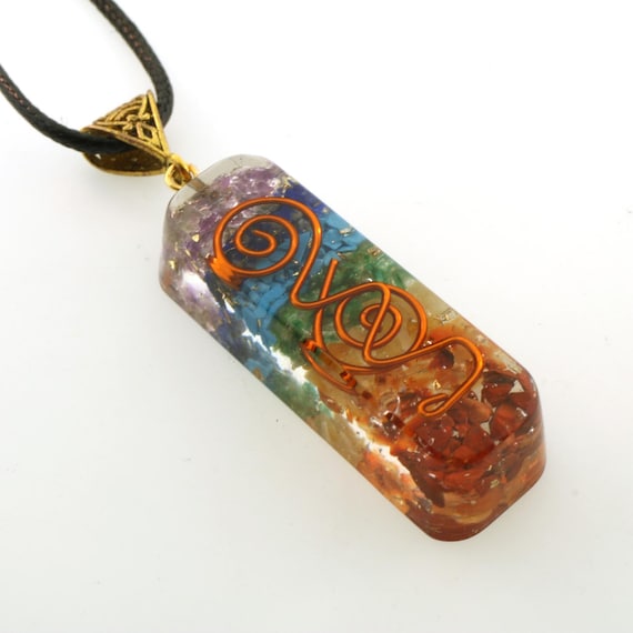 Natural 7 Chakra Rainbow Layer Orgone Pendant Cord Necklace EMF & 5G Protection