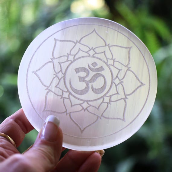 Selenite Charging Plate  4" LG - OM Lotus Flower Cleanse & Charge Your Crystals