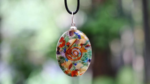 Natural Chakra Gemstone Orgone Pendant Oval + Cord Necklace EMF & 5G Protection