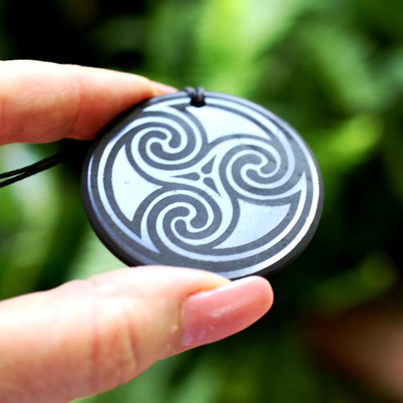 Karelia SHUNGITE Triskele Spirals Engraved Pendant 2in 50mm EMF & 5G Protection