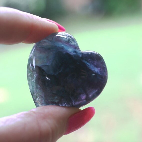 Rainbow Fluorite Puffed Heart Purple Green Blue & Black LG 1.6 Inch 49g #141