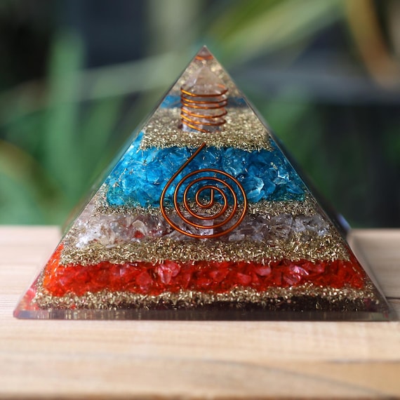 Clear Quartz + Onyx Orgone Pyramid XXL 90mm Flower of Life EMF 5G Protection