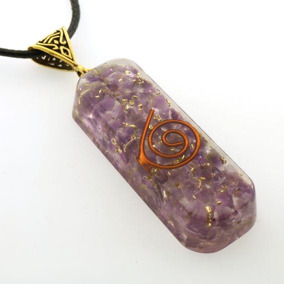 Natural Amethyst Orgone Pendant & Cord Necklace + 20" Gold Chain EMF 5G