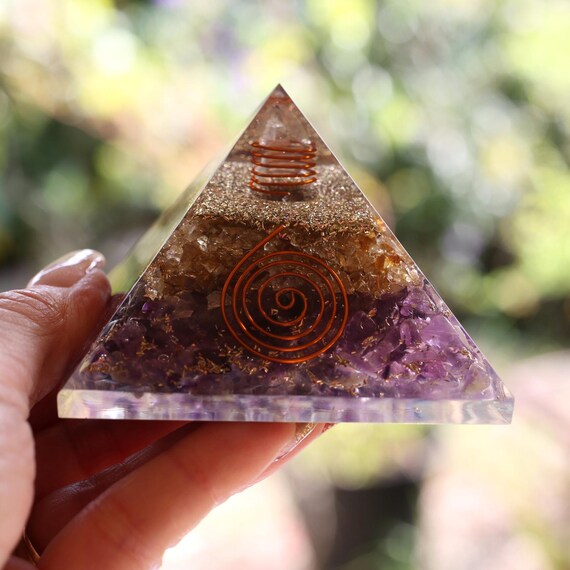 Amethyst & Citrine Orgone Pyramid 75mm EMF and 5G Energy Healing Protection