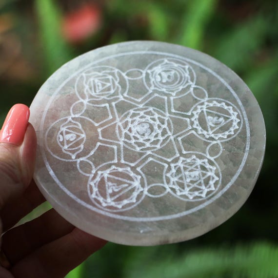 Selenite Charging Plate  4" LG - 7 Chakra Mandala Cleanse & Charge Your Crystals