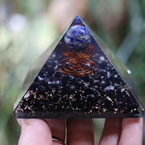 Natural Black Tourmaline & Lapis Sphere Orgone Pyramid LG 75mm 3in EMF 5G