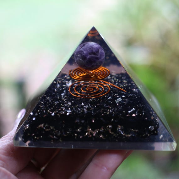 Natural Black Tourmaline & Amethyst Sphere Orgone Pyramid LG 75mm 3in EMF 5G