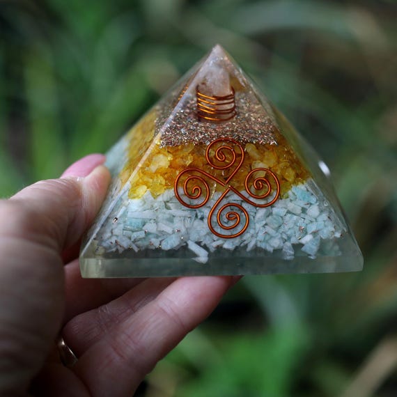 Citrine and Aventurine Orgone Pyramid 4 Coil 75mm EMF and 5G Energy Protection